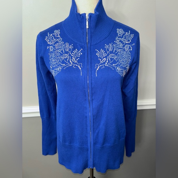 Questions Bling Blue Embellished Women's Sweater - Picture 1 of 7